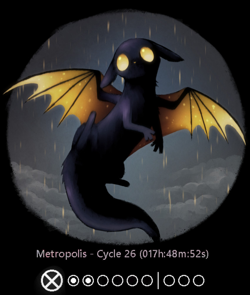 ambiguous_feral ambiguous_gender black_body black_skin black_tail black_wings cloud detailed_background fake_screencap feral flying gameplay_mechanics grey_cloud grey_sky membrane_(anatomy) membranous_wings raining sky small_wings solo spread_wings tail user_interface wings yellow_eyes yellow_membrane yellow_nose yellow_wings jejejunum rain_world videocult bat mammal slugcat 2026 hi_res