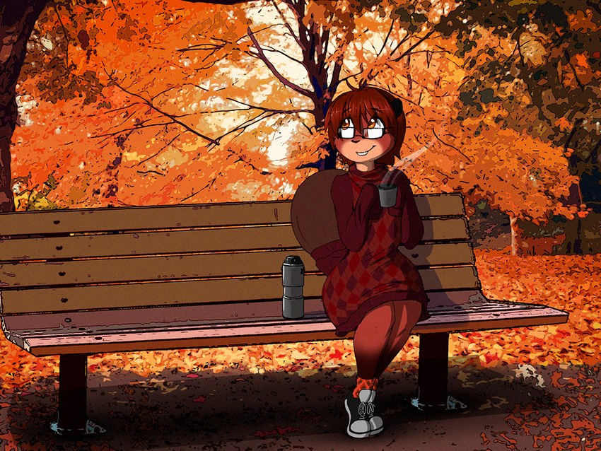 anthro autumn autumn_leaves bench beverage biped brown_hair clothing eyewear female footwear furgonomics glasses hair leaf outside plant shoes sitting smile solo sweater tail tail_clothing tail_warmer thermos topwear tree dracojeff autumn_(kumacat) beaver mammal rodent 2019 4:3