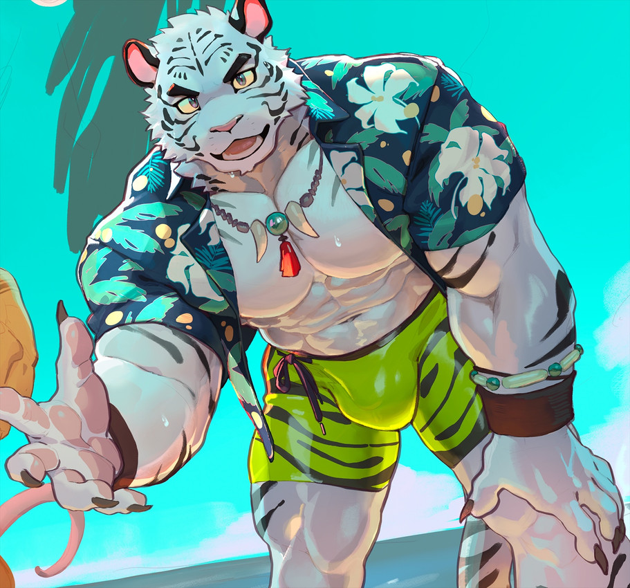 abs aloha_shirt anthro barazoku beach blue_eyes bracelet bulge claws clothed clothing cloud finger_claws fur green_clothing green_sky green_swimming_trunks green_swimwear hair hand_on_knee hand_on_leg jewelry looking_at_viewer male muscular muscular_anthro muscular_male navel necklace open_clothing open_mouth open_shirt open_topwear outside palm_tree pattern_clothing pattern_shirt pattern_topwear pawpads pecs pink_pawpads plant reaching_towards_viewer shirt sky solo striped_body striped_fur stripes swimming_trunks swimwear tail topwear tree wet wet_body wet_fur white_body white_fur white_hair wristband yellow_sclera null-ghost felid mammal pantherine tiger 2026 hi_res