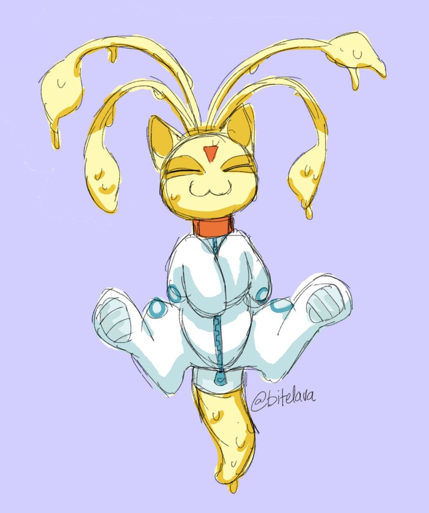 :3 ambiguous_gender astronaut collar feral orange_collar simple_background slime solo spacesuit tailbutt yellow_body bitelava neopets aisha_(neopets) alien_neopet custard_neopet goo_creature hybrid neopet_(species) hi_res