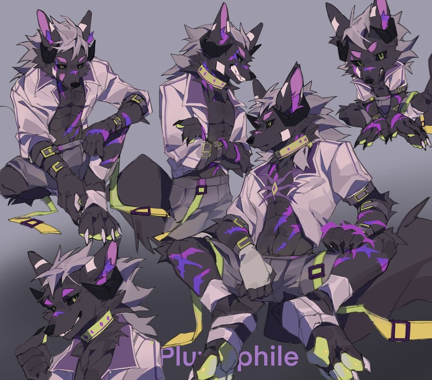 abs anthro barazoku black_body black_fur black_sclera chibi collar fur green_eyes grey_hair hair male muscular muscular_anthro muscular_male yellow_collar yellow_eyes viosgit 2022 hi_res