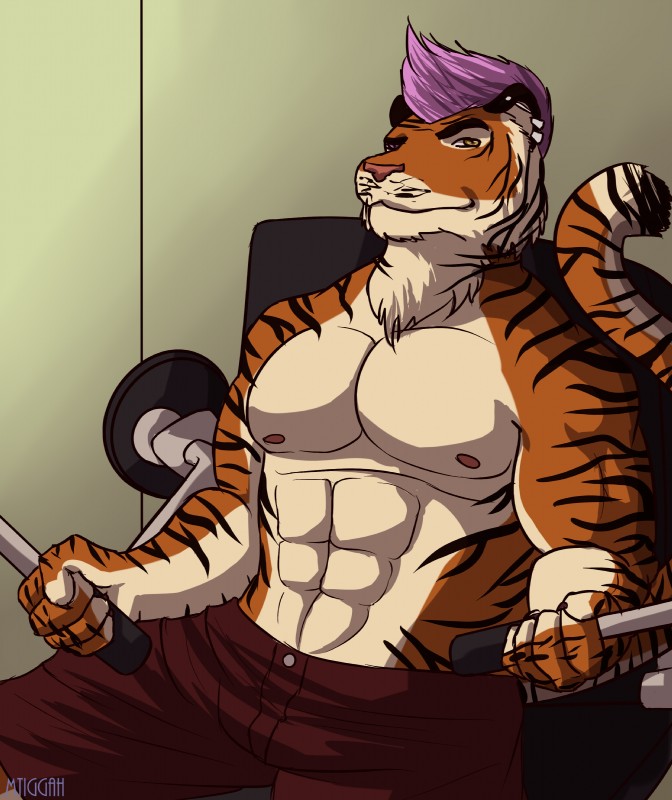 abs anthro biceps big_muscles biped black_body black_fur bottomwear brown_body brown_fur claws clothed clothing ear_piercing exercise fur hair heterochromia looking_at_viewer male muscular muscular_anthro muscular_male nipples pecs piercing pink_eyes pink_hair pink_nose shorts sitting solo stripes topless white_body white_fur yellow_eyes mtiggah tiggah felid mammal pantherine tiger absurd_res hi_res