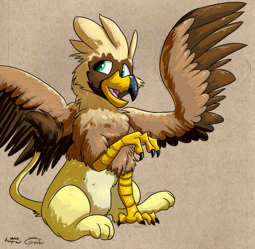avian_feet beak brown_body countershading facial_markings feathered_crest feathered_wings feathers female feral green_eyes head_crest head_markings markings mask_(marking) paws quadruped solo spread_wings tail tail_tuft tuft wings yellow_body anonymous_artist gyrotech mythology serilde avian gryphon mythological_avian mythological_creature absurd_res hi_res