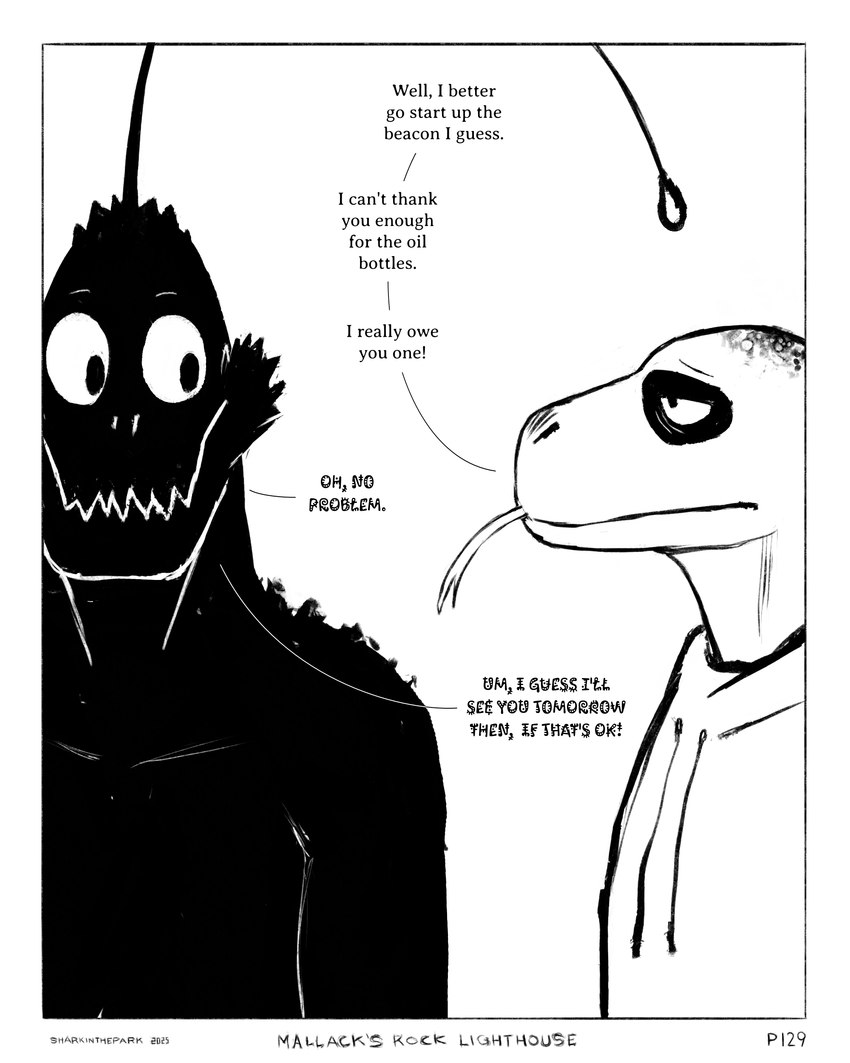 anthro black_body black_skin border clothing dialogue disappointed duo forked_tongue hoodie lure_(anatomy) male simple_background spots tongue topwear white_background white_clothing white_hoodie white_topwear sharkinthepark anvil_(sharkinthepark) komo_(sharkinthepark) anglerfish fish komodo_dragon lizard marine monitor_lizard reptile scalie 2025 absurd_res black_and_white comic hi_res monochrome