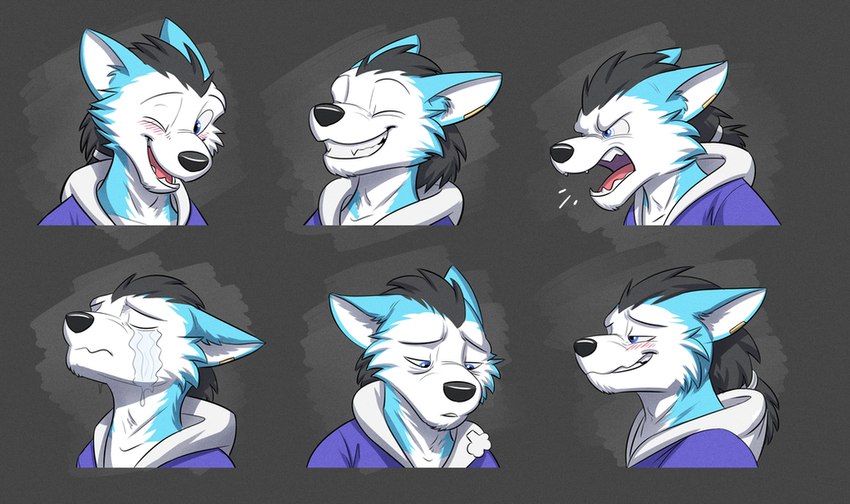 anthro black_hair blue_body blue_clothing blue_eyes blue_fur blue_hoodie blue_topwear blush bodily_fluids clothing countershading crying ears_back expressions eyes_closed fur hair hoodie looking_down male one_eye_closed open_mouth pink_tongue pivoted_ears ponytail smile solo tears teeth tongue topwear wink yelling temiree utau rou_kemonone canid canine canis mammal wolf 2018 bust_portrait expression_sheet multiple_images portrait