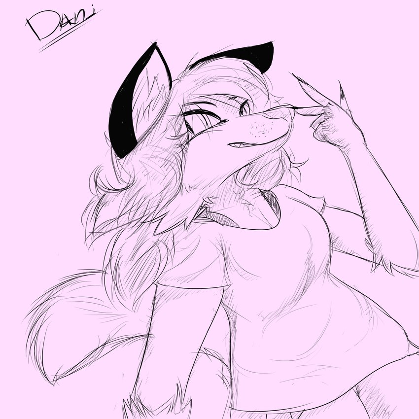 anthro clothed clothing dutch_angle female fully_clothed gesture hand_gesture happy looking_at_viewer simple_background smile solo v_sign dani86 canid canine fox mammal red_fox true_fox 1:1 hatching_(art) hi_res monochrome shaded sketch