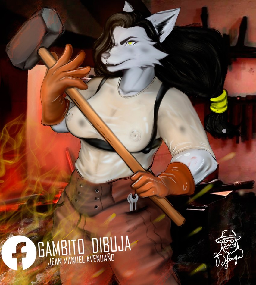 anthro black_hair clothing female forging gloves hair hammer handwear sledgehammer solo tools yellow_eyes jeancito93jean canid canine canis mammal wolf absurd_res hi_res