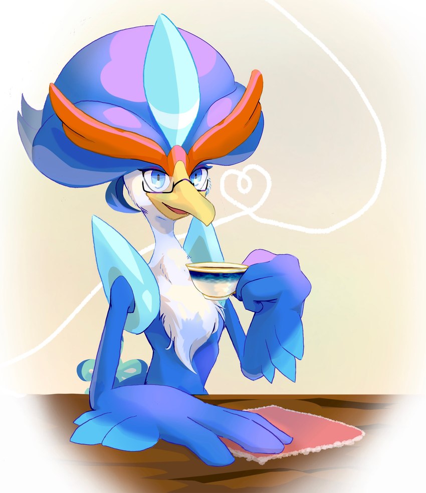 ambiguous_gender anthro beak beverage blue_body blue_eyes blue_feathers chest_tuft container cup eyelashes eyewear eyewear_only feathered_crest feathers femboy furniture glasses glasses_only head_crest heart_symbol highlights_(coloring) holding_container holding_cup holding_object holding_tea_cup nude simple_background sitting smile smiling_at_viewer solo table tea tea_cup tuft vignette wearing_glasses winged_arms wings yellow_beak orange_tubuan nintendo pokemon avian generation_9_pokemon pokemon_(species) quaquaval 2023 absurd_res half-length_portrait hi_res portrait