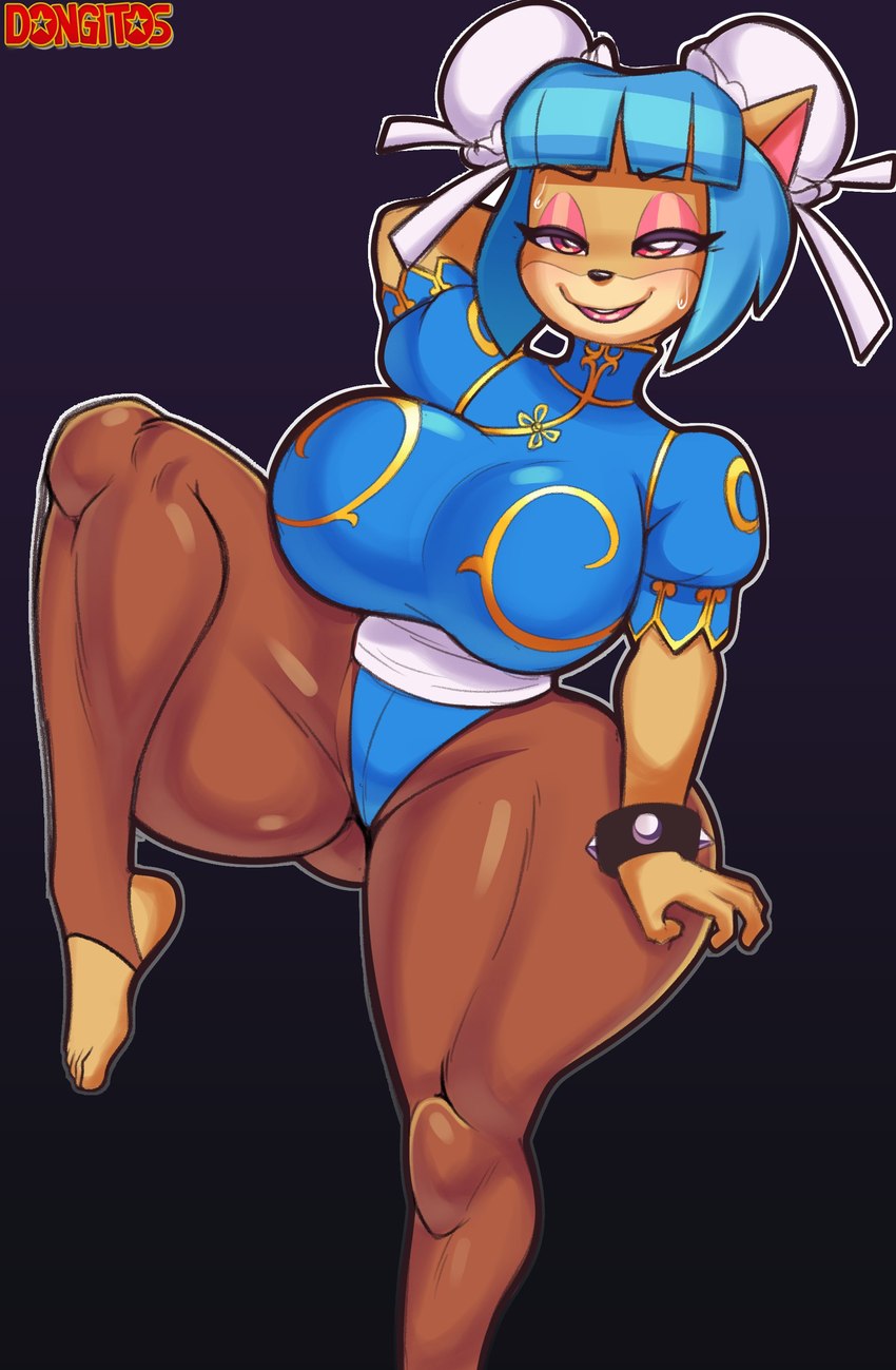 adapted_costume anthro big_breasts blue_hair breasts clothed clothing cosplay double_bun eyeshadow female hair leotard makeup puffy_sleeves short_sleeves smile solo thick_thighs toeless_legwear dongitos activision capcom crash_bandicoot_(series) street_fighter chun-li megumi_bandicoot bandicoot mammal marsupial absurd_res hi_res