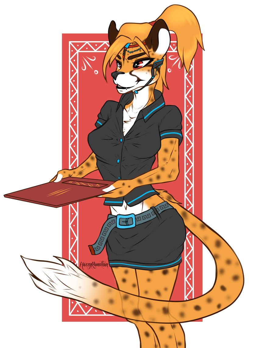 anthro bottomwear breasts clothed clothing female fur hair markings menu multicolored_body multicolored_fur orange_body orange_fur orange_hair skirt solo spots two_tone_body two_tone_fur waiter white_body white_fur mashakseh cheetah felid feline mammal 2020 hi_res signature