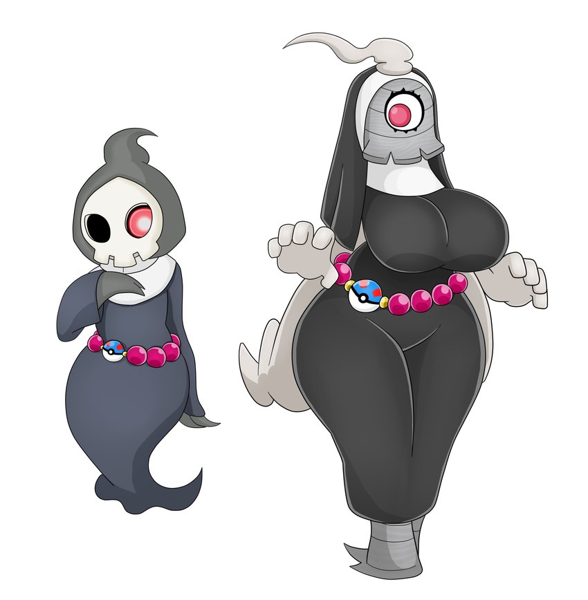 1_eye 5_fingers belt big_breasts black_body bone breasts clothed clothing duo female fingers gem great_ball grey_body huge_breasts legless not_furry nun nun_outfit pearl_(gem) pokeball red_eyes simple_background skull white_background urusee584 nintendo pokemon dusclops duskull generation_3_pokemon humanoid pokemon_(species) spirit hi_res