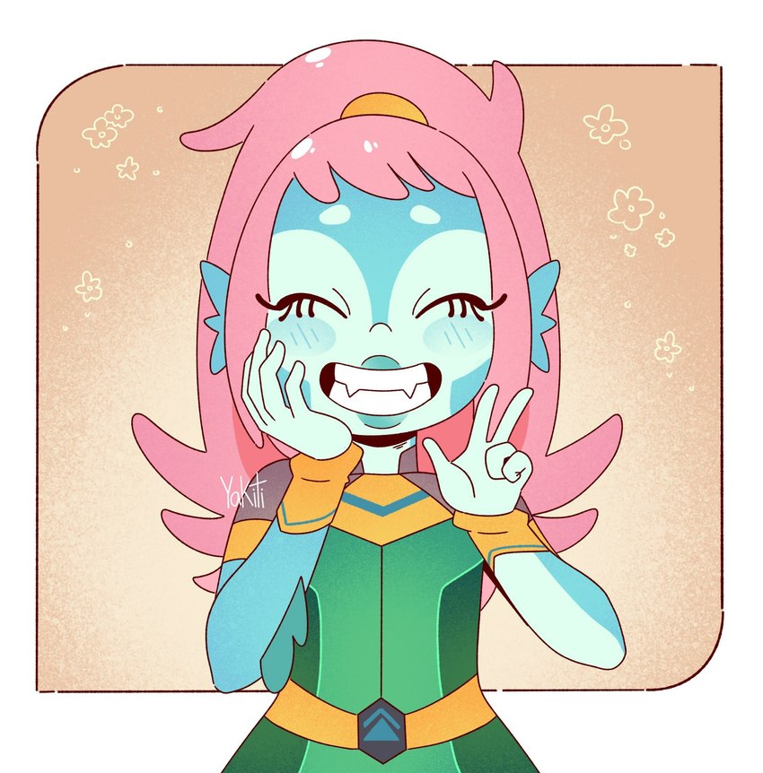 blue_body blue_skin blush eyes_closed female hair pink_hair ponytail smile solo text yakiti cleopatra_in_space dreamworks akila_theoris alien alien_humanoid animal_humanoid fish fish_humanoid humanoid marine marine_humanoid vevosonian 2020 english_text hi_res