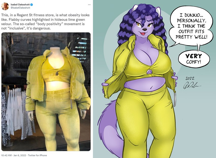 anthro athletic_wear big_breasts breasts cleavage clothed clothing female fur hair purple_body purple_fur purple_hair slightly_chubby solo text tight_clothing peterandwhitney whitney_(pnc) domestic_cat felid feline felis mammal english_text