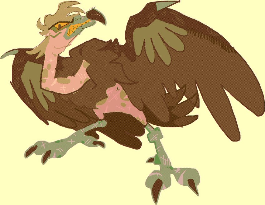 ambiguous_gender beak brown_body brown_feathers clenched_teeth feathers feral green_beak green_talons solo teeth guncht accipitriform avian bird vulture