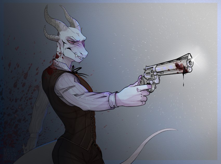 aiming angry anthro blood blood_drip blood_on_clothing blood_on_weapon blood_splatter bodily_fluids clothed clothing colt_anaconda dripping fully_clothed grey_horn gun handgun holding_gun holding_object holding_ranged_weapon holding_weapon horn male purple_eyes ranged_weapon revolver solo standing tail topwear vest weapon white_body kaurimoon mythology saren_(saren662) dragon mythological_creature mythological_scalie reptile scalie 2022 digital_media_(artwork) half-length_portrait hi_res portrait