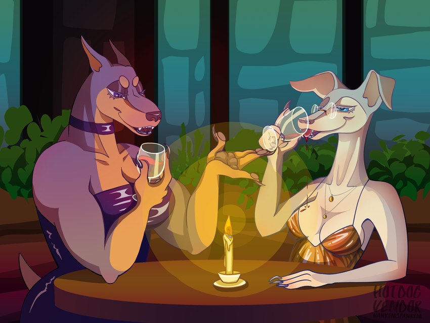 alcohol anthro beverage butch/femme date_night duo eyewear female female/female glasses hankem wine hotdogvendor canid canine canis dobermann domestic_dog greyhound hunting_dog mammal pinscher sighthound absurd_res hi_res