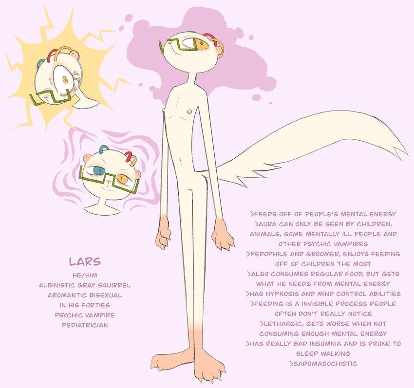 albino anthro fur male nipples purple_background simple_background solo standing tan_body tan_fur text yellow_eyes conditional_dnp labbit_(artist) lars_(labbit) grey_squirrel mammal rodent sciurid tree_squirrel english_text hi_res model_sheet