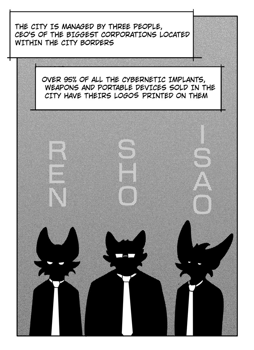 ambiguous_gender anthro border eyewear glasses group male necktie silhouette silhouetted_body simple_background speech_bubble text trio white_border kifyun2 isao_abe ren_yoshida sho_kimura canid canine fox mammal absurd_res black_and_white comic english_text hi_res monochrome