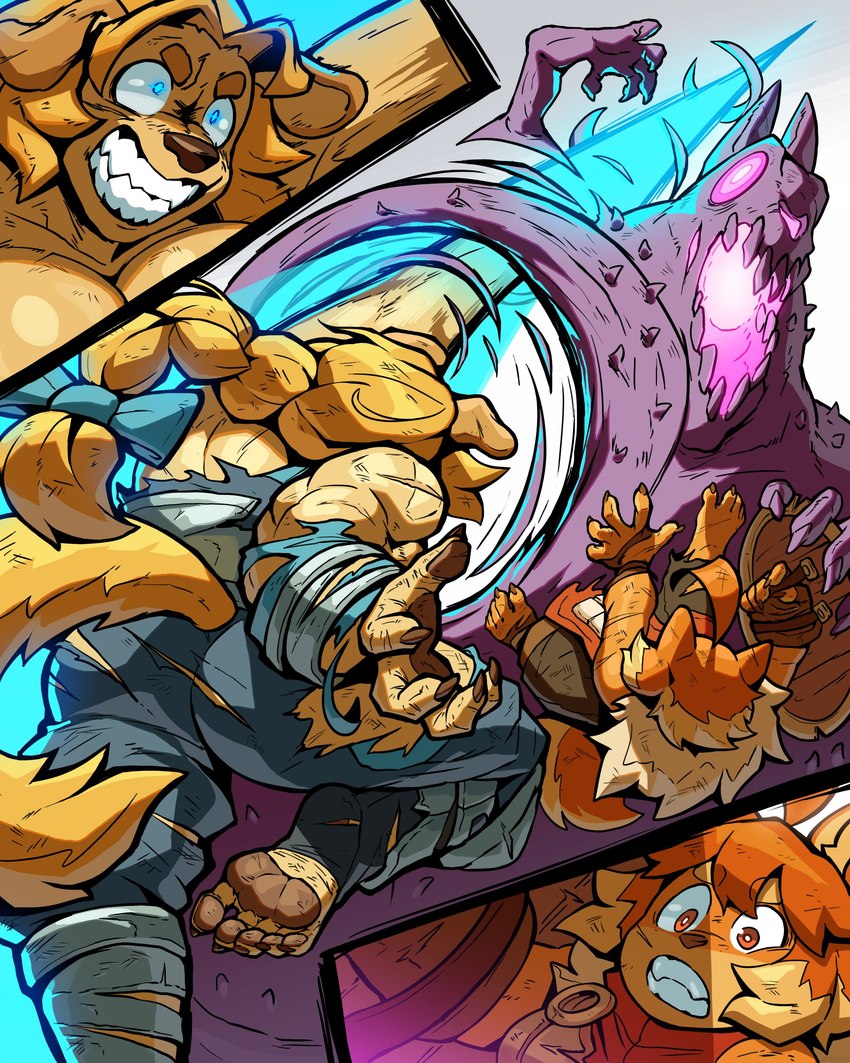5_fingers 5_toes action_pose angry anthro barefoot battle butt clenched_teeth clothing damage feet female fighting_pose fingers footwear group humanoid_feet muscular muscular_anthro muscular_arms muscular_female pawpads plantigrade plantigrade_pawpads pose soles teeth toeless_footwear toes torn_clothing ceehaz dog_knight_rpg jeane_(ceehaz) maci_(ceehaz) bird_dog canid canine canis domestic_dog golden_retriever hunting_dog mammal monster retriever 2025 4:5 absurd_res hi_res