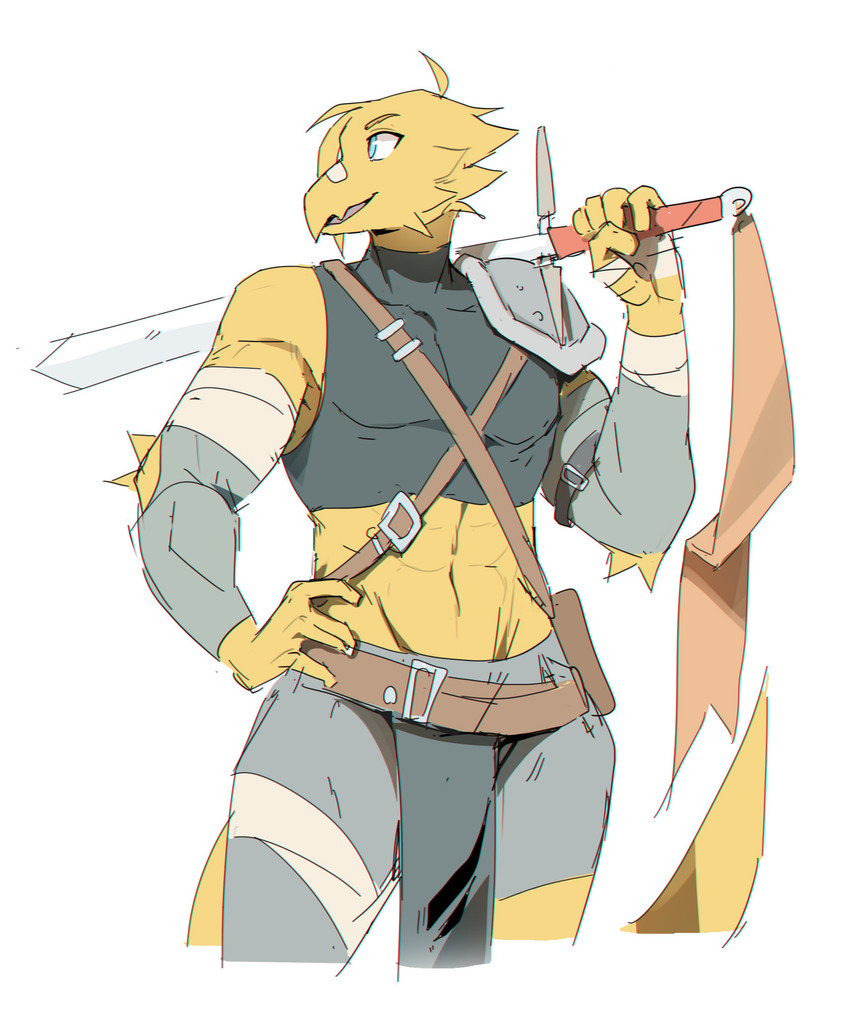 abs anthro armor athletic athletic_anthro athletic_male band-aid band-aid_on_beak bandage beak clothed clothed_anthro clothed_male clothing hand_on_hip looking_aside male midriff navel open_mouth open_smile simple_background smile solo sword_on_shoulder white_background yellow_body notglacier noah_(notglacier) avian dinosaur hybrid prehistoric_species reptile scalie 2020 absurd_res digital_drawing_(artwork) digital_media_(artwork) english_description hi_res portrait three-quarter_portrait