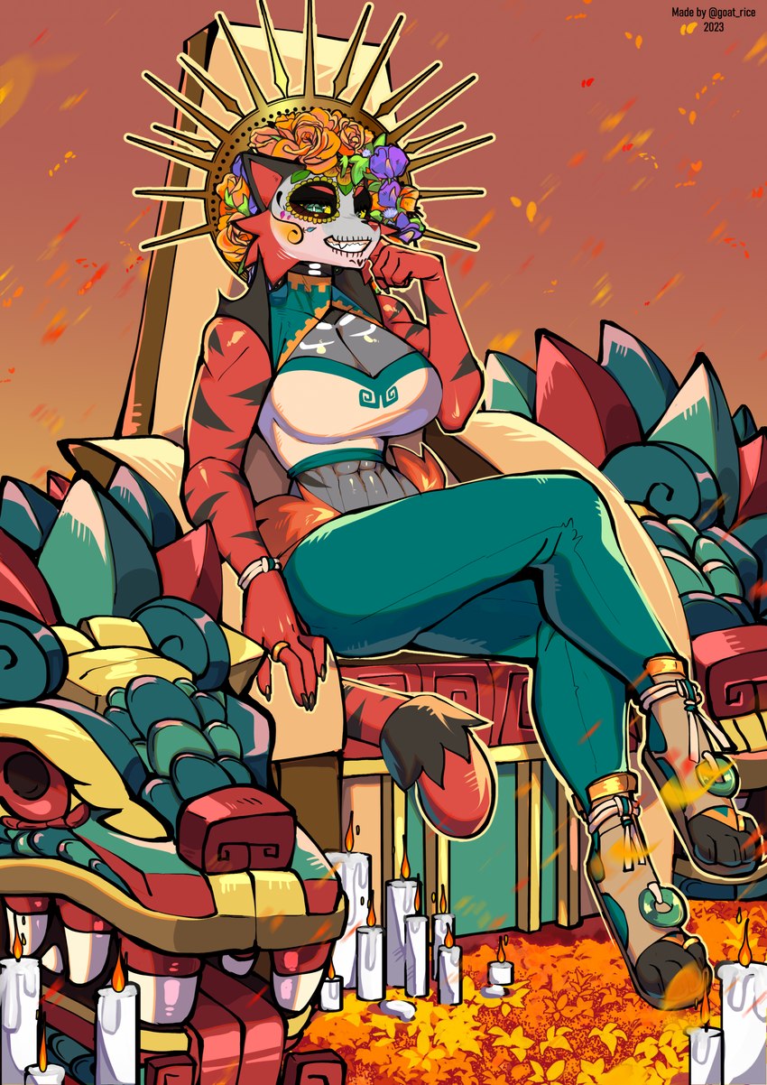 anthro aztec black_body black_fur bodypaint clothing face_paint female flower flower_crown fur holidays plant red_body red_fur ring solo thericegoat day_of_the_dead nintendo pokemon maria_garcia felid feline generation_7_pokemon incineroar mammal pokemon_(species) hi_res