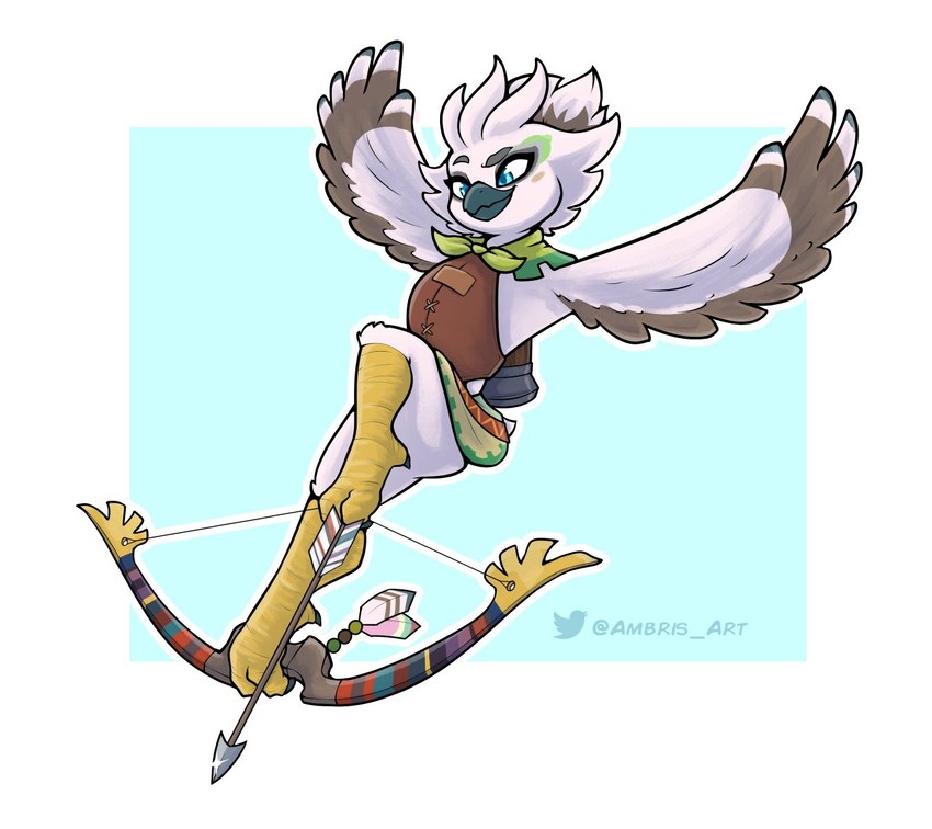 anthro arrow_(weapon) beak blue_eyes border bow_(weapon) clothed clothing feathers flying foot_archery holding_bow_(weapon) holding_object holding_ranged_weapon holding_weapon holding_with_foot male multicolored_body multicolored_feathers ranged_weapon simple_background smile solo swallow_bow topwear weapon white_body white_border white_feathers young young_anthro ambris nintendo tears_of_the_kingdom the_legend_of_zelda tulin_(tloz) avian rito 2023 hi_res