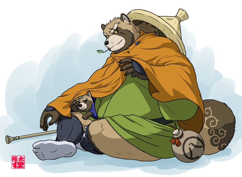 anthro brown_body brown_fur clothing duo fur humanoid_hands leaf male overweight overweight_male robe scar sitting young gontadanuki lifewonders tokyo_afterschool_summoners gyobu's_underlings gyobu_(tas) canid canine mammal raccoon_dog tanuki 2018 hi_res