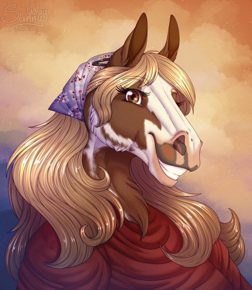 anthro badge breasts clothing cloud evening female female_anthro fur smile solo warm sunny_way equid equine horse mammal digital_media_(artwork) hi_res icon portrait