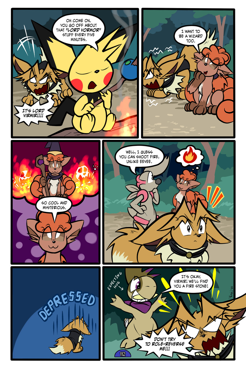 6_panel_comic ambiguous_gender bandage biped black_cape black_clothing black_eyes black_nose black_tail black_text blue_text bone brown_body brown_eyes brown_fur brown_hair cape cheek_spots clenched_teeth closed_smile clothing day dialogue directional_arrow empty_eyes exclamation_point eyebrows eyelashes eyes_closed feral fire fluffy fluffy_tail forest fur group hair hand_on_hip hat headgear headwear holding_object holding_staff imagination inner_ear_fluff motion_lines mouth_closed multi_tail neck_tuft open_mouth open_smile outside page_number paws plant pupils purple_scarf quadruped red_cheeks scarf sharp_teeth sitting skeleton smile speech_bubble staff tail talking_to_another teeth text toony tree tuft tusks white_eyes white_pupils white_sclera white_text wizard_hat yellow_body virmir nintendo pokemon pokemon_mystery_dungeon spike_chunsoft virmir_(character) zinc_(zincxiron) axew eevee generation_1_pokemon generation_2_pokemon generation_5_pokemon humanoid pichu pokemon_(species) timburr vulpix 2026 2:3 absurd_res comic english_text hi_res signature female_(lore) male_(lore)