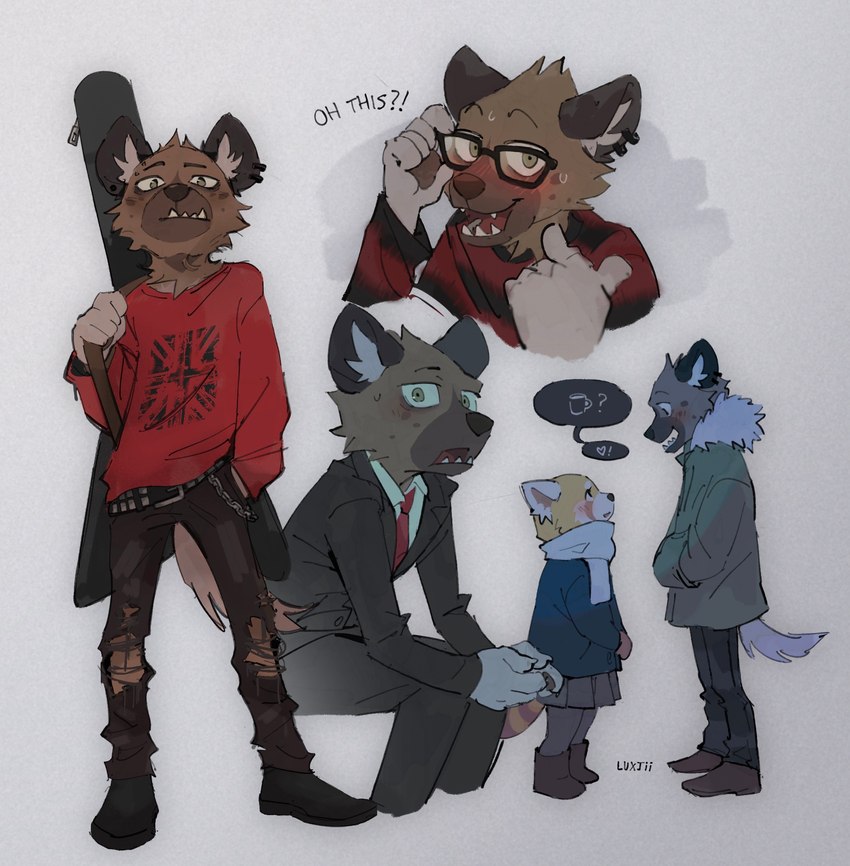 anthro black_tie_(suit) blush clothing eyewear glasses guitar_case hand_in_pocket male male_focus necktie pockets sitting solo_focus suit union_jack luxjii aggretsuko sanrio haida_(aggretsuko) retsuko ailurid hyena mammal red_panda spotted_hyena 2022 hi_res