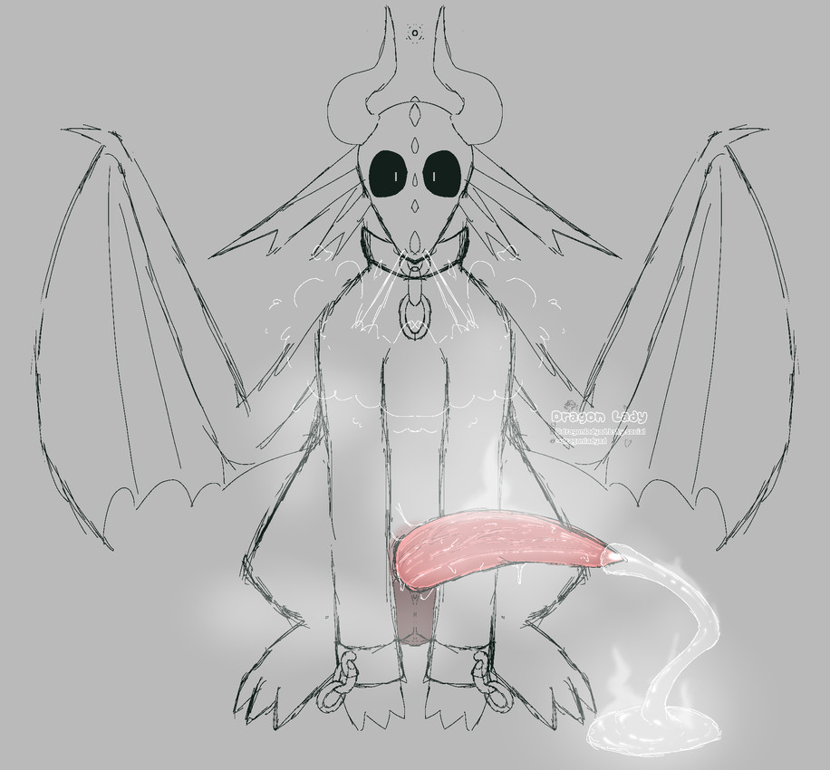 balls big_penis black_sclera bodily_fluids chain collar excessive_genital_fluids excessive_precum feral genital_fluids genital_raphe genitals looking_at_viewer male musk musk_cloud musky_penis penis precum raphe_(anatomy) scrotal_raphe scrotum_flap shackled_neck shackled_wrists solo steam steamy_penis thick_precum dragonlady_(artist) mythology dragon mythological_creature mythological_scalie scalie hi_res