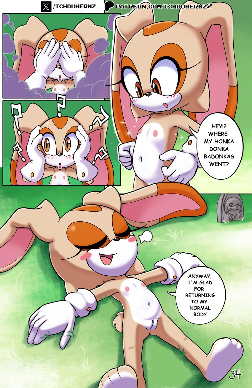 anthro blush confusion covering covering_eyes covering_face female flat_chested genitals loli nipples pussy relaxed_expression scared sigh smile smoke speech_bubble text tombstone young young_female ichduhernz sega sonic_the_hedgehog_(series) cream_the_rabbit lagomorph leporid mammal rabbit 2025 absurd_res comic english_text hi_res