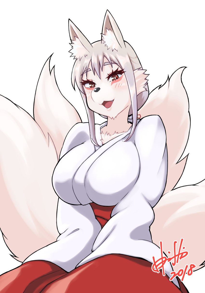 anthro asian_clothing bottomwear breasts clothed clothing east_asian_clothing female female_anthro fur grey_hair hair hakama haori japanese_clothing kemono multi_tail solo tail white_body white_fur horishin tamamo-chan's_a_fox tenko_fushimi canid canine fox mammal 2018 hi_res