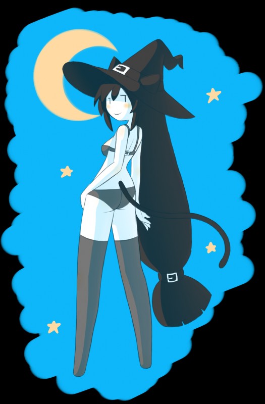 black_hair blue_background blush bra breasts butt clothed clothing crescent_moon female hair half-closed_eyes hand_on_hip hat headgear headwear humanoid_hands legwear long_hair looking_at_viewer looking_back moon narrowed_eyes panties simple_background slim smile solo standing star stockings thigh_highs underwear white_body white_skin witch_hat nekuzx deep_sea_prisoner funamusea wadanohara_and_the_great_blue_sea chlomaki animal_humanoid cat_humanoid domestic_cat felid felid_humanoid feline feline_humanoid felis humanoid mammal mammal_humanoid alpha_channel hi_res