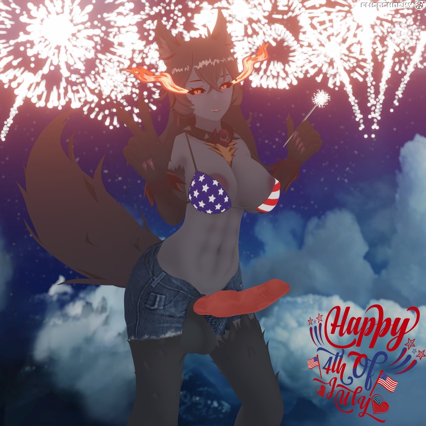 animal_genitalia anthro balls bottomwear bra breasts clothing denim denim_bottomwear denim_clothing denim_shorts erection fireworks genitals gesture gynomorph hand_gesture holidays intersex knot looking_at_viewer monster_girl_(genre) night outside penis sheath shorts solo underwear v_sign elisasharky_(artist) 4th_of_july blender_cycles monster_girl_encyclopedia mythology hellhound_(mge) canid canid_demon canine demon hellhound humanoid mammal mythological_canine mythological_creature 1:1 3d_(artwork) absurd_res blender_(artwork) digital_media_(artwork) hi_res