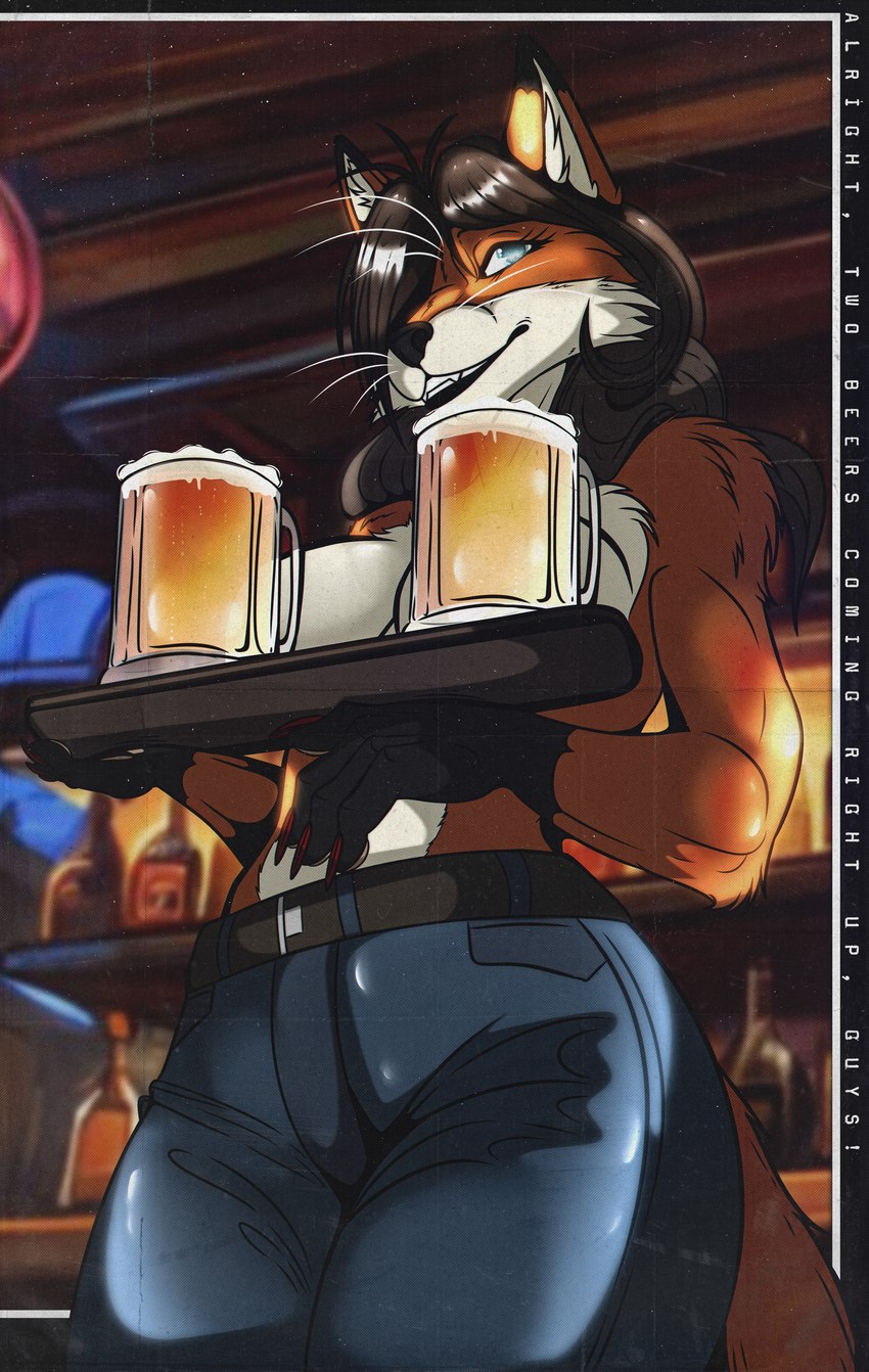 alcohol anthro beer beverage blue_eyes bottomwear brown_hair clothed clothing colored_nails container cup denim denim_bottomwear denim_clothing female fur grin hair jeans low-angle_view mug nails orange_body orange_fur pants red_nails serving serving_beverage serving_tray smile solo text topless vintage 0l-fox-l0 canid canine fox mammal absurd_res digital_drawing_(artwork) digital_media_(artwork) hi_res