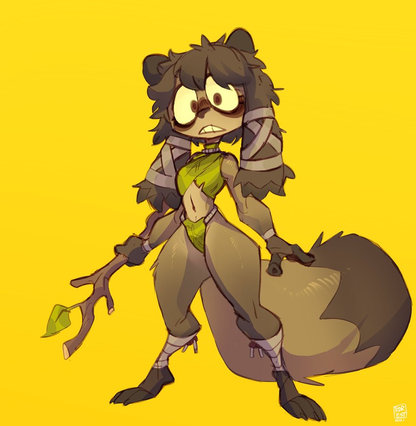 anthro big_tail brown_body brown_fur clothed clothing eye_bags female fur grey_body grey_fur hair highleg highleg_bottomwear leaf_clothing looking_at_viewer messy_hair midriff simple_background skimpy small_waist solo stick tail tanuki_leaf thick_thighs wide_hips yellow_background foretbwat tanuki_(foretbwat) canid canine mammal raccoon_dog tanuki 2022 absurd_res digital_media_(artwork) hi_res