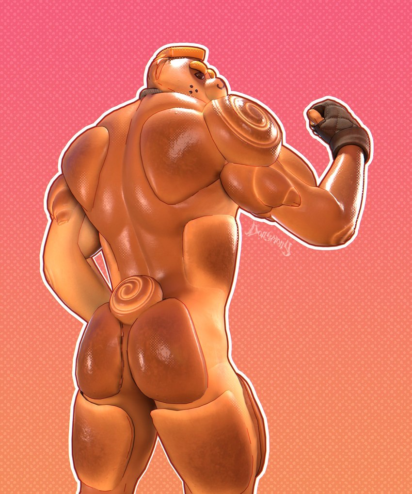 anthro brown_body butt butter_on_head clothing collar fingerless_gloves flexing flexing_bicep food_on_head gloves gradient_background handwear male mostly_nude muscular muscular_anthro muscular_male rear_view simple_background solo three-quarter_view dollymolly323 epic_games fortnite doughberman bread_creature canid canine canis domestic_dog mammal hi_res