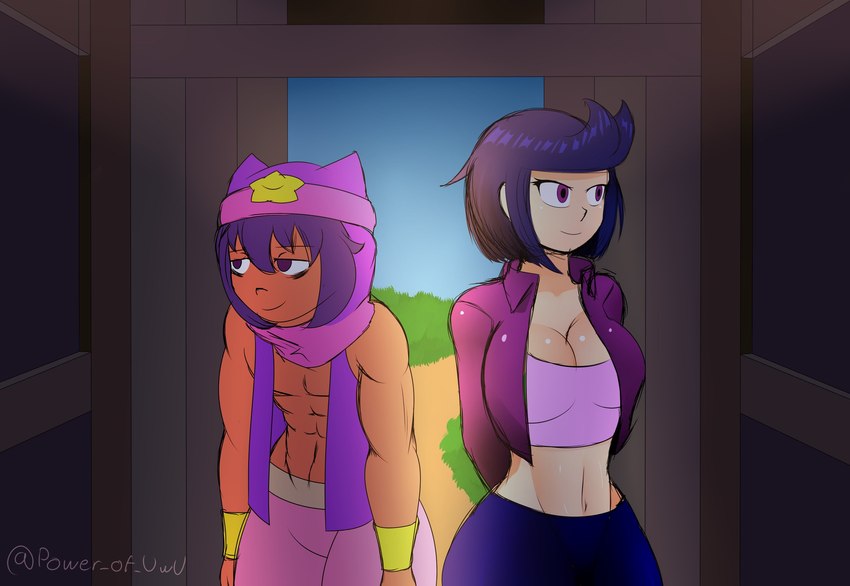 blue_hair breasts cleavage clothed clothing duo female hair human_only male midriff not_furry purple_eyes twitter_handle ruptureowo brawl_stars supercell_(company) bibi_(brawl_stars) sandy_(brawl_stars) human mammal comic hi_res