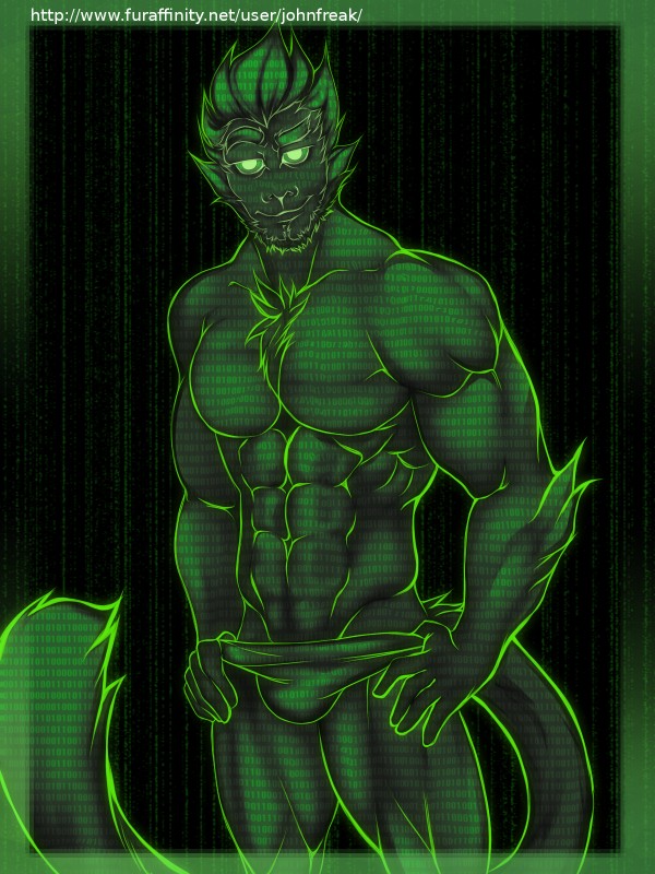 abs anthro biceps binary_code clothed clothing hair looking_at_viewer male muscular muscular_anthro muscular_male pecs smile solo text topless underwear johnfreak the_matrix haplorhine mammal monkey primate 2016 3:4 digital_media_(artwork) english_text hi_res paint_tool_sai_(artwork)