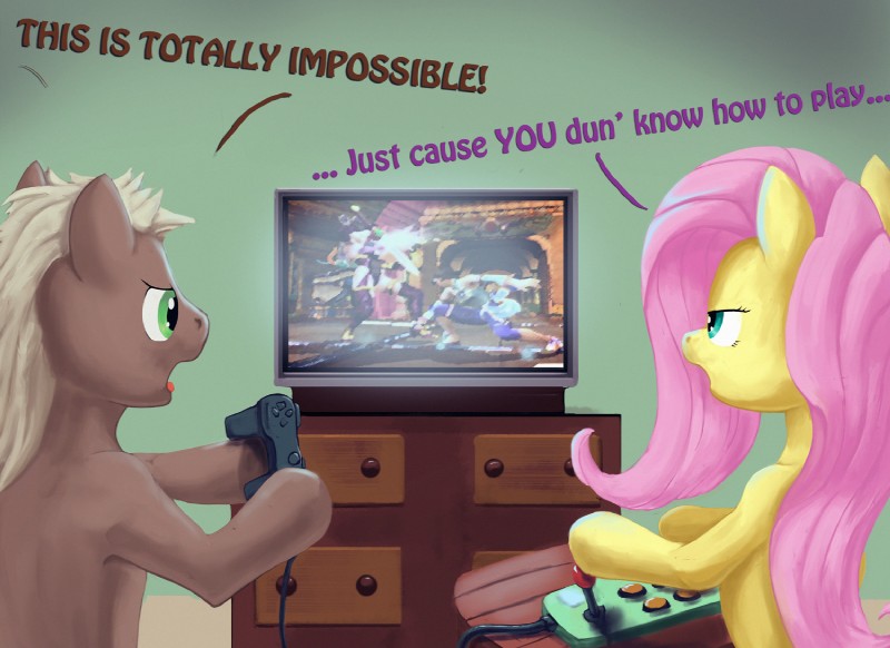 blue_eyes brown_eyes controller dialogue duo electronics female fur game_controller green_eyes hair humor long_hair male pink_hair sitting television text white_hair yellow_body yellow_fur themotaro friendship_is_magic hasbro my_little_pony soul_calibur fluttershy_(mlp) ivy_valentine xianghua equid equine horse mammal pony crossover english_text