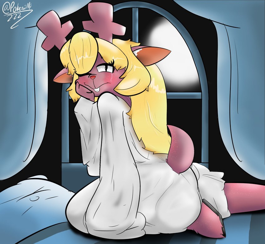 anthro antlers bed bedroom_eyes blonde_hair blush bodily_fluids buckteeth clothing ears_down female furniture hair hand_on_head hooves horn kneeling light looking_at_viewer moon narrowed_eyes on_bed pillow pivoted_ears raised_tail robe seductive solo tail tears teeth window window_curtains window_sill mii2sii deltarune undertale_(series) noelle_holiday humanoid 2022 hi_res lighting shaded simple_shading