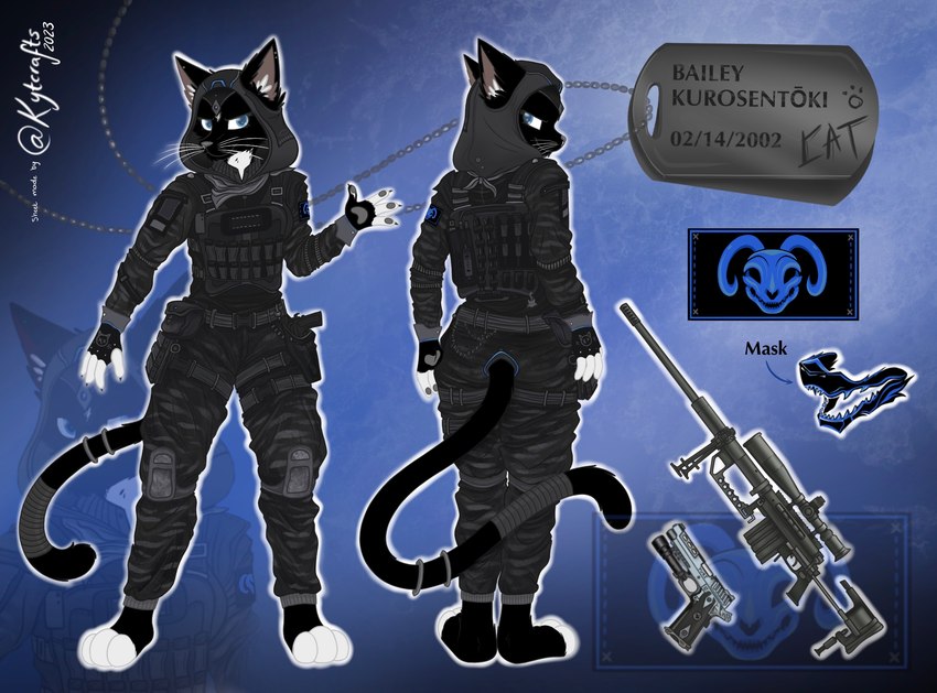 accessory anthro black_body black_fur black_hair blue_background blue_eyes c.a.m. cat_tail claws clothed clothing color_fur colt_m1911 f.e.w. feet female fur furgonomics gloves gun hair handgun handwear japanese looking_at_viewer m1911 m2000_intervention mask military military_uniform noh_mask oni_mask pawpads paws pistol ranged_weapon rifle simple_background sniper sniper_rifle solo special_forces standing tactical_gear tail tail_accessory text toes uniform weapon whiskers white_body white_fur wicker wickerbeast_mask kytcrafts prototype_9 spec_ops bailey_kurosentoki domestic_cat felid feline felis mammal tuxedo_cat digital_media_(artwork) english_text hi_res widescreen