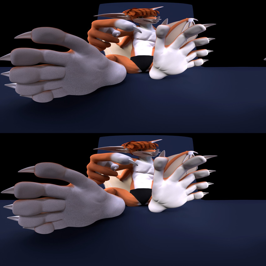 5_fingers 5_toes anthro biped black_clothing black_underwear claws clothed clothing feet fingers foot_focus fur gesture green_eyes hand_gesture looking_at_viewer male membrane_(anatomy) membranous_wings nipples orange_body orange_fur pointing solo stereographic_panorama toes underwear underwear_only white_body white_fur wings aerys_(artist) batzilla aerys bat mammal megabat 1:1 360_fov 3d_(artwork) absurd_res digital_media_(artwork) hi_res stereogram vertical_stereogram