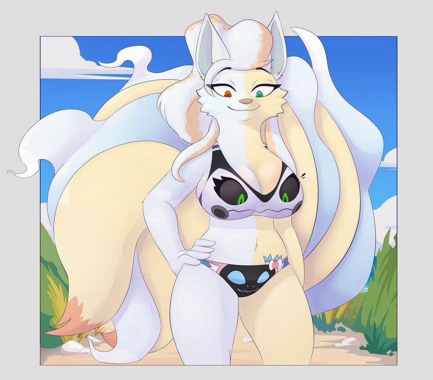 5_fingers 9_tails anthro beach_background big_breasts bikini bikini_bottom bikini_only bikini_top bikini_transformation black_bikini black_clothing black_swimwear blue_sky breasts cleavage clothed clothing clothing_transformation female female_anthro fingers front_view fur grass green_eyes grey_body grey_fur grey_inner_ear group heterochromia looking_at_breasts looking_at_own_breasts looking_at_self looking_down looking_down_at_self machine midriff multi_tail navel orange_nose outside plant red_eyes sky smile solo sports_bikini sports_bra_bikini standing swimwear tail trio two-piece_swimsuit wearing_clothing_character white_bikini white_clothing white_ears white_swimwear yellow_body yellow_fur fauvfox nintendo pokemon elizabeth_karola r-3s_(resistantraptor) alolan_form alolan_ninetales eeveelution future_pokemon generation_1_pokemon generation_6_pokemon generation_7_pokemon generation_9_pokemon hybrid legendary_pokemon miraidon ninetales paradox_pokemon pokemon_(species) protogen regional_form_(pokemon) sylveon sylveon_protogen 2023 hi_res female_(lore)