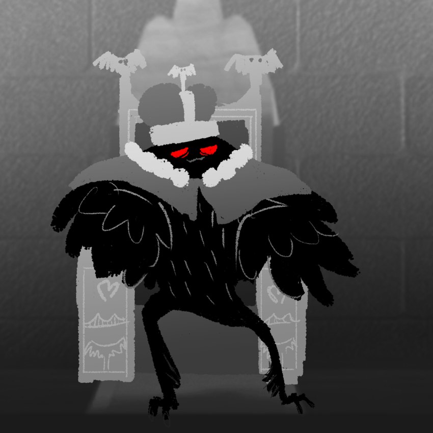 black_body chair crown fluffy furniture headgear red_sclera smile smiling_at_viewer smirk smirking_at_viewer throne mothmandaily mothman 1:1 black_and_white hi_res monochrome