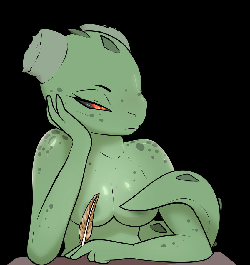 anthro bored breasts convenient_censorship female loose_feather non-mammal_breasts nude quill solo privvys-art microsoft the_elder_scrolls meer-mah argonian scalie absurd_res alpha_channel hi_res