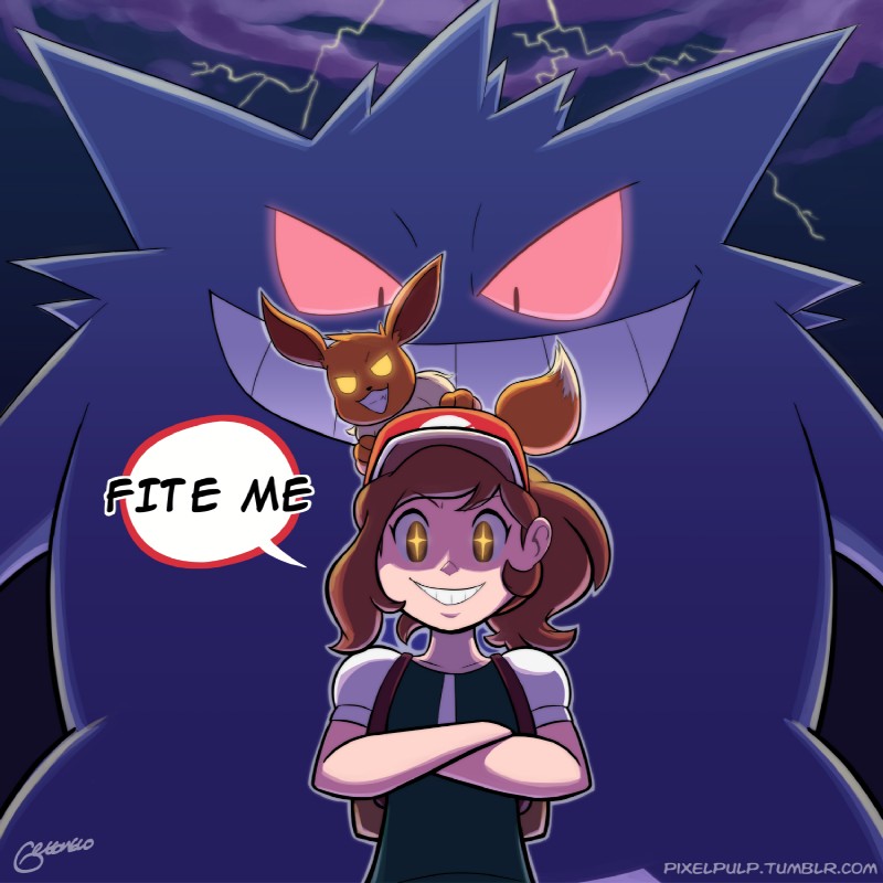 ambiguous_gender brown_body brown_fur brown_hair clothed clothing cloud dialogue dipstick_tail electricity female feral fully_clothed fur glowing glowing_eyes group hair hat headgear headwear lightning markings multicolored_tail red_eyes size_difference smile tail tail_markings text yellow_eyes pixelpulp nintendo pokemon pokemon:_let's_go elaine_(pokemon) partner_eevee eevee generation_1_pokemon gengar ghost human mammal pokemon_(species) spirit 1:1 2018 digital_media_(artwork) english_text hi_res signature url