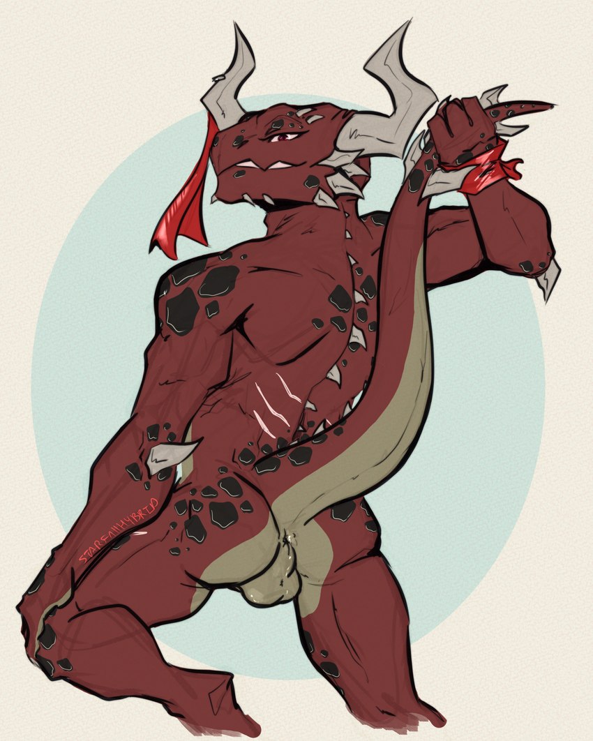 anthro anus back_spikes balls butt furgonomics furry-specific_piercing genitals horn horn_piercing looking_at_viewer male muscular muscular_male nude piercing raised_tail red_body sash scar seductive smile solo spiked_tail spikes spikes_(anatomy) tail starfallhybrid_(artist) garron_(starfallhybrid) demon scalie hi_res