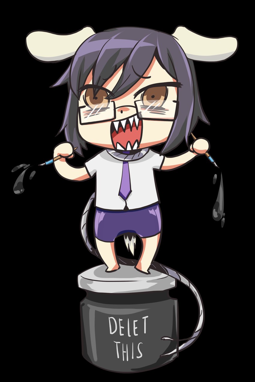 angry bangs black_hair black_tail bottle brown_eyes clothing collar container dipstick_tail dress_shirt eyebrow_through_hair eyebrows eyewear fangs featureless_feet feet female footwear glasses grey_dress_shirt hair holding_object holding_pen ink ink_bottle inkwell leash markings medium_hair mitten_hands necktie on_ink_bottle pen purple_clothing purple_footwear purple_necktie purple_shoes rectangular_glasses red_tongue shirt shoes simple_background solo standing tail tail_markings teeth text thin_eyebrows tongue topwear translucent translucent_hair transparent_background white_ears white_tail_tip duokhay duokhay_(character) animal_humanoid canid canid_humanoid canine canine_humanoid dog_humanoid humanoid mammal mammal_humanoid 2017 2:3 absurd_res alpha_channel colored digital_drawing_(artwork) digital_media_(artwork) english_text hi_res shaded simple_shading